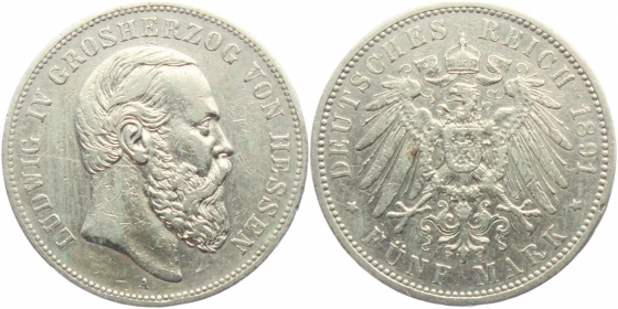 Hessen - J 71 - 1891 A - Ludwig IV. (1877 - 1892) - 5 Mark - ss