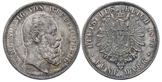Württemberg - J 173 - 1876 F - Karl (1864-1891) - 5 Mark - vz