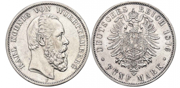 Württemberg - J 173 - 1876 F - Karl (1864-1891) - 5 Mark - vz+