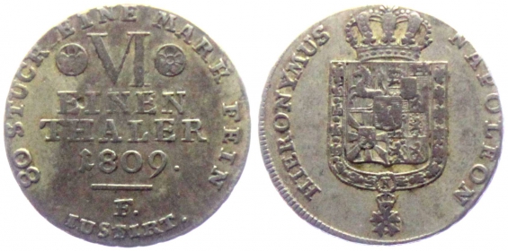 Westfalen, Königreich - 1809 F - Hieronymus Napoleon (1807-1813) - 1/6 Taler - ss