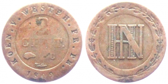 Westfalen, Königreich - 1809 C - Hieronymus Napoleon (1807-1813) - 2 Centimes - s-ss