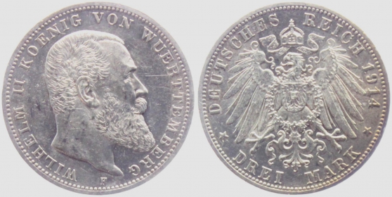 Württemberg - J 175 - 1914 F - Wilhelm II. (1891-1918) - 3 Mark - f.st