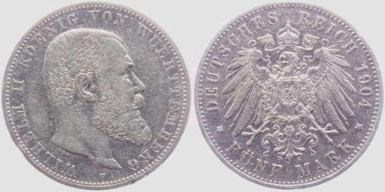 Württemberg - J 176 - 1904 F - Wilhelm II. (1891-1918) - 5 Mark - ss+