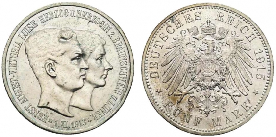 Braunschweig-Lüneburg - J 58 - 1915 A - Regierungsantritt mit Ehefrau Victoria Luise - Ernst August (1913-1918) - 5 Mark - f.st