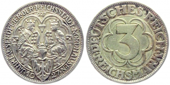 Weimarer Republik - J 327 - 1927 A - Nordhausen - 3 Reichsmark - vz berieben