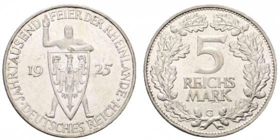 Weimarer Republik - J 322 - 1925 G - Rheinlande - 5 Reichsmark - ss-vz