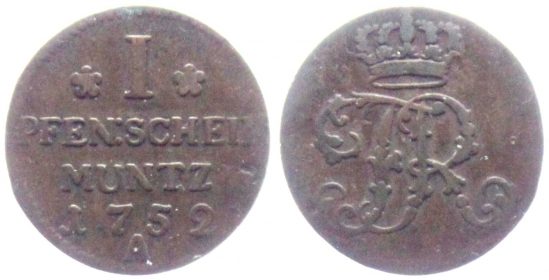 Preussen - 1752 A - Friedrich II., der Große (1740-1786) - 1 Pfennig - vz