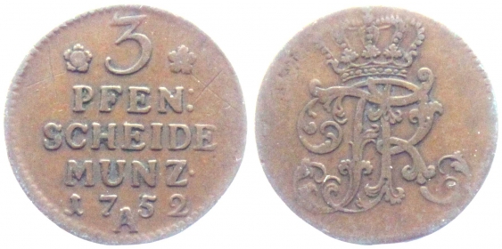 Preussen - 1752 A - Friedrich II., der Große (1740-1786) - 3 Pfennig - vz