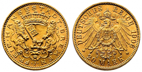 Bremen - J 205 - 1906 J - Stadtwappen mit Perlkreis - 20 Mark - f.st