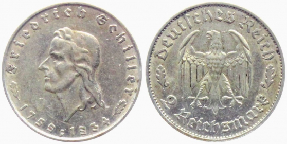 Drittes Reich - J 358 - 1934 F - Schiller - 2 Reichsmark - vz
