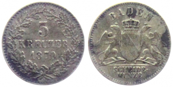 Baden - 1870 - Friedrich I. (1852-1907) - 3 Kreuzer - ss