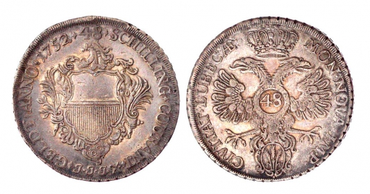 Lübeck, Stadt - 1752 - Stadtwappen - Couranttaler - 48 Schilinge - Variante 2 mit geschlossener Krone - vz