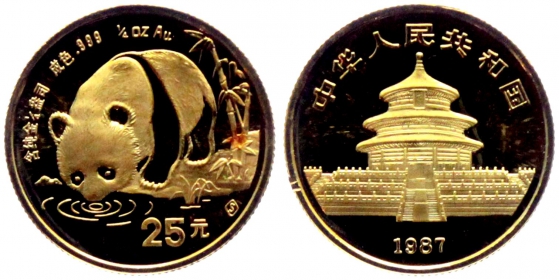 China - 1987 - Panda - 25 Yuan - 1/4 Unze - st/ BU - min. fleckig