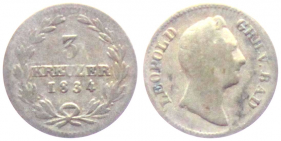 Baden - 1834 - Leopold I. (1830-1852) - 3 Kreuzer - ss
