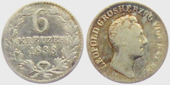 Baden - 1836 - Leopold I. (1830-1852) - 6 Kreuzer - ss Patina