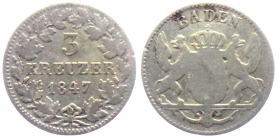 Baden - 1847 - Leopold I. (1830-1852) - 3 Kreuzer - s