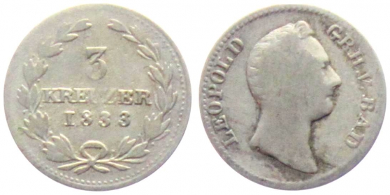 Baden - 1833 - Leopold I. (1830-1852) - 3 Kreuzer - s