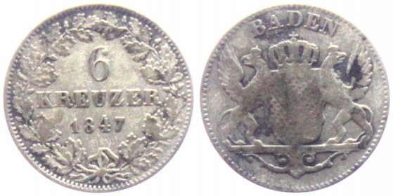 Baden - 1847 - Leopold I. (1830-1852) - 6 Kreuzer - ss