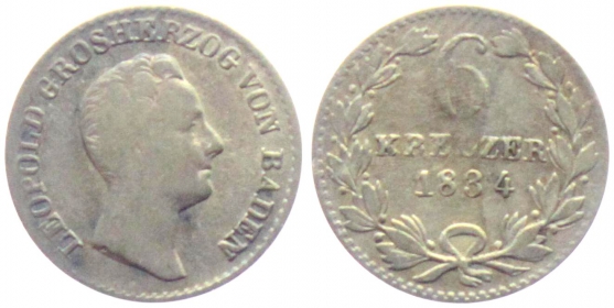 Baden - 1834 - Leopold I. (1830-1852) - 6 Kreuzer - ss