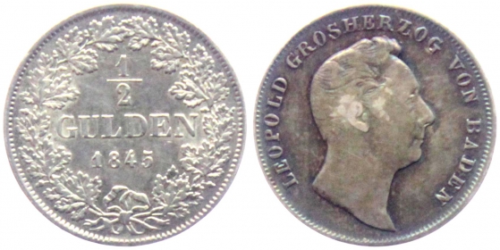 Baden - 1845 - Leopold I. (1830-1852) - 1/2 Gulden - vz Patina
