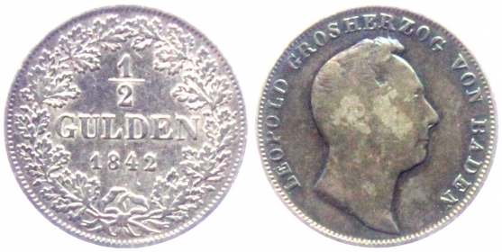 Baden - 1842 - Leopold I. (1830-1852) - 1/2 Gulden - ss-vz - Patina
