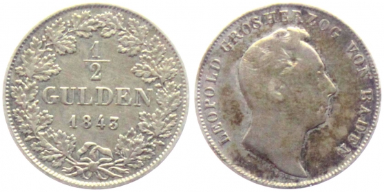 Baden - 1843 - Leopold I. (1830-1852) - 1/2 Gulden - ss - Patina