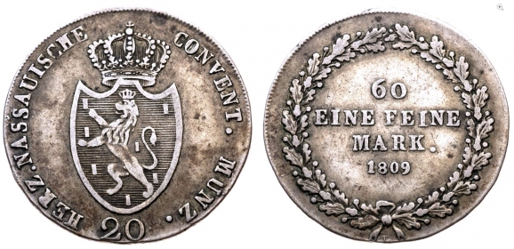 Nassau - 1809 L - Friedrich August & Friedrich Wilhelm (1803-1816) - 20 Kreuzer - f.vz