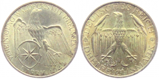 Weimarer Republik - 1929 A - Waldeck - 3 Reichsmark - vz Patina