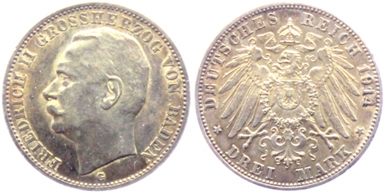 Baden - J 39 - 1914 G - Friedrich II. (1907-1918) - 3 Matk - vz Patina