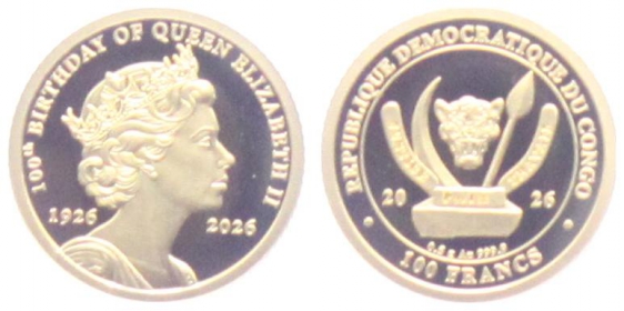 Kongo - 2026 - 100. Geburtstag von Königin Elisabeth II. von Großbritannien - 100 Francs - PP in Kapsel