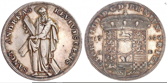 Braunschweig-Calenberg-Hannover - 1702 HB - Georg Ludwig (1698-1714) - St. Andreas mit Kopf nach rechts - Ausbeutetaler - gutes vz