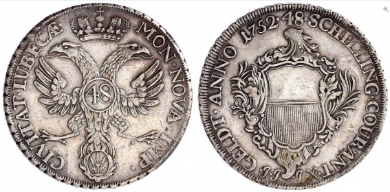 Lübeck, Stadt - 1752 JJJ - Stadtwappen - Couranttaler - 48 Schilinge - Variante - vz