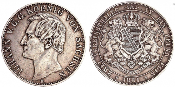 Sachsen - 1861 B - Johann (1854-1873) - Vereinsdoppeltaler - ss+
