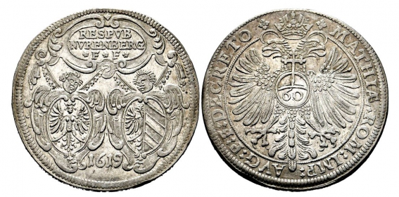 Nürnberg - 1619 - Guldentaler zu 60 Kreuzer mit den Titel Matthias II. - vz