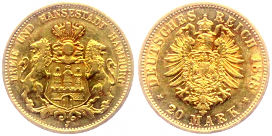 Hamburg - J 210 - 1878 J - Stadtwappen - kleiner Adler - 20 Mark - ss-vz