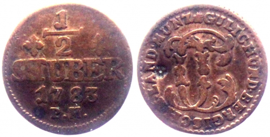 Jülich-Kleve-Berg - 1783 PM - Karl Theodor (1742-1799) - 1/2 Stüber - ss