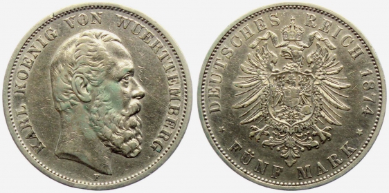 Württemberg - J 173 - 1874 F - Karl (1864 - 1891) - 5 Mark - ss-vz min. RF