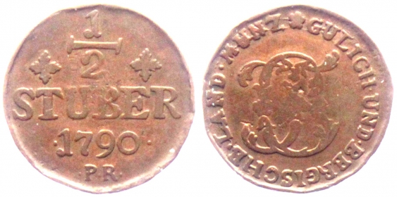 Jülich-Kleve-Berg - 1790 PR - Karl Theodor (1742-1799) - 1/2 Stüber - ss