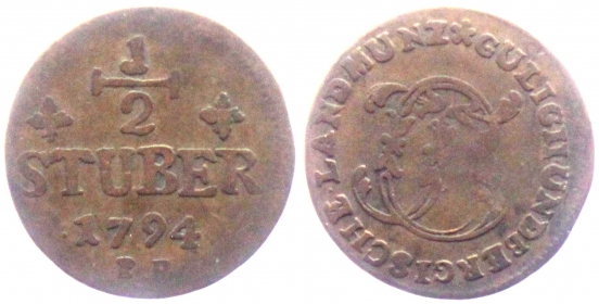 Jülich-Kleve-Berg - 1794 PR - Karl Theodor (1742-1799) - 1/2 Stüber - ss