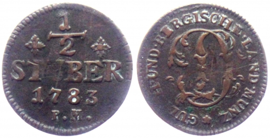 Jülich-Kleve-Berg - 1783 PM - Karl Theodor (1742-1799) - 1/2 Stüber - ss+