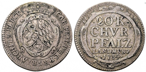 Pfalz, Kurlinie - 1734 RF - Karl Philipp (1716-1742) - 20 Kreuzer - vz