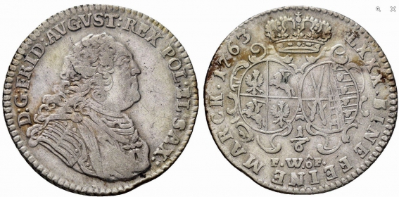Sachsen - 1763 FWöF - Friedrich August II. (1733-1763) - 1/6 Taler - ss-vz