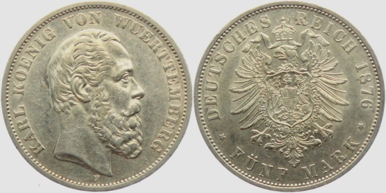 Württemberg - J 173 - 1876 F - Karl (1864 - 1891) - 5 Mark - vz