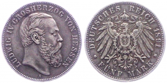 Hessen - J 71 - 1891 A - Großherzog Ludwig IV. (1877-1892) - 5 Mark - f.vz