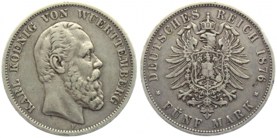Württemberg - J 173 - 1876 F - Karl (1864 - 1891) - 5 Mark - ss+