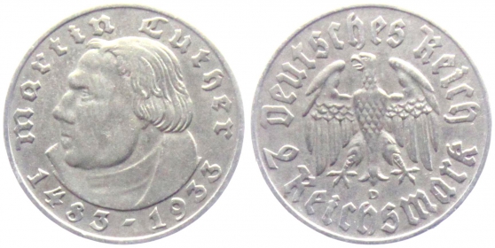 Drittes Reich - J 352 - 1933 D - Martin Luther - 2 Reichsmark - ss-vz