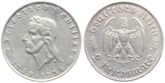 Drittes Reich - J 358 - 1934 F - Friedrich Schiller - 2 Reichsmark - vz