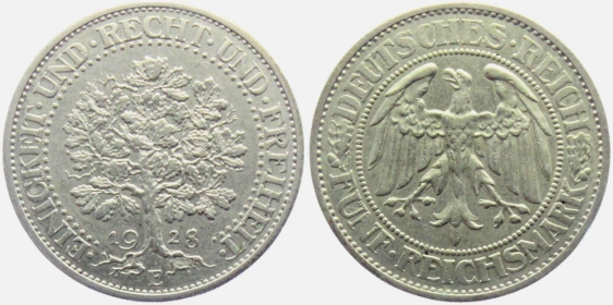Weimarer Republik - J 331 - 1928 E - Eichbaum - 5 Reichsmark - vz