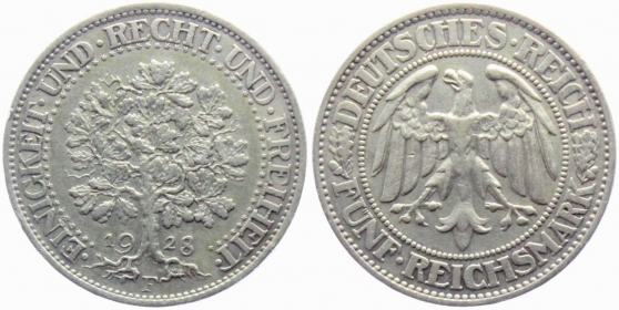 Weimarer Republik - J 331 - 1928 F - Eichbaum - 5 Reichsmark - vz - leichte Patina