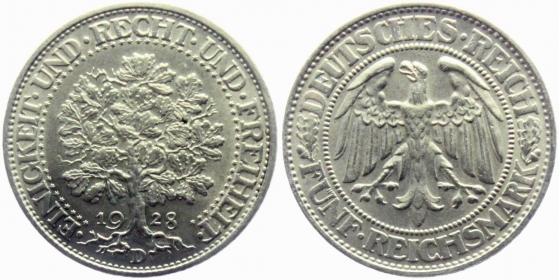 Weimarer Republik - J 331 - 1928 D - Eichbaum - 5 Reichsmark - vz